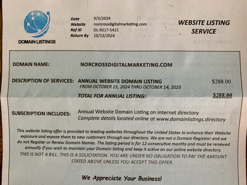 Beware of Domain Listing Scams: Protect Your Business 3 Annual Website Domain Listing Scam Letter